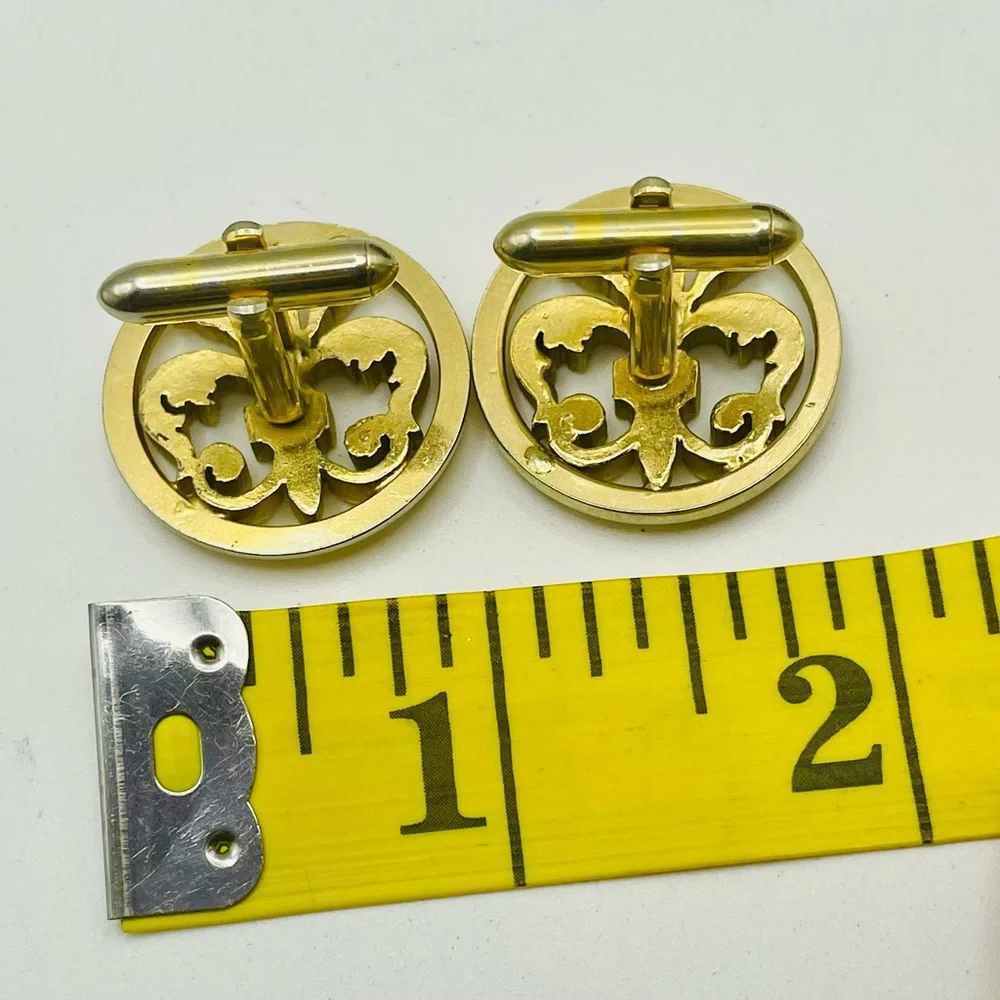 Gold Tone Fleur-de-Lis Round Cuff Links - Classic Men's Accessory